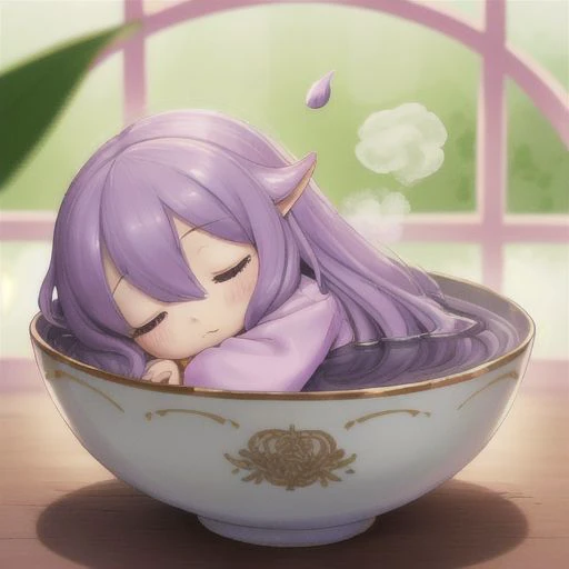 A tiny girl with long flowing hair curled up asleep inside a teacup, (Soft Focus), (f_stop 2.8), (focal_length 50mm) macro lens f/2.8, surrounded by (scattered) tea leaves, (pastel) purple colors, (cozy) morning light filtering through a nearby window, (whimsical) steam shapes, captured with a (Canon EOS R5), highlighting (serene) comfort, (miniature) whimsy