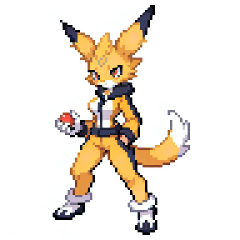 jolteon, (1girl), (anthro), furry, (yellow fur), rabbit ears, medium breasts, 
looking to the side, determined,
track suit,
white background,
holding poke ball, 
<lora:F1-Furry-Eeveelution:1>
<lora:pk_trainer768_V1:.6>