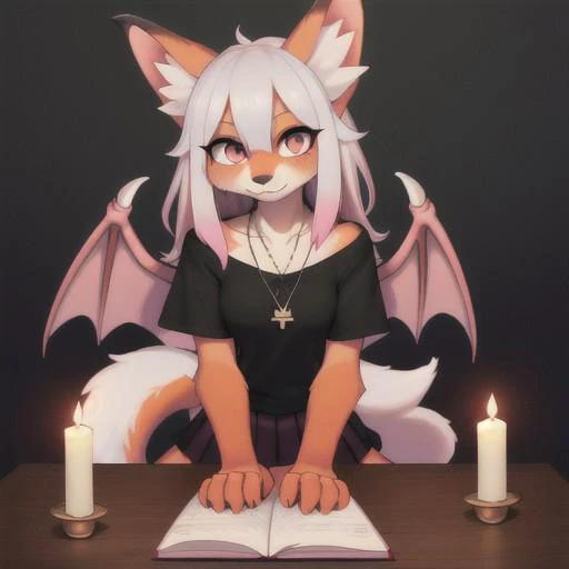Digital a young cute furry female orange anthro Fox with white hair pink Highlights in hair dragon wings folded up wearing a pentagram necklace standing up Pentagram in the back near a Table with candles and crystals Black shirt, pink skirt witch outfit sitting in pentagram doing witchcraft