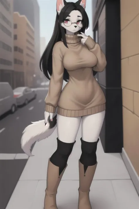 safe_pos, Dog-Girl silver and black hair, fit Body, medium breasts, black fingertips, Hazel colored eyes wearing round glasses, wearing a beige Sweater and black knee high socks, wears beige boots, Has a black and silver fluffy Tail, standing on the sidewalk, looking at viewer