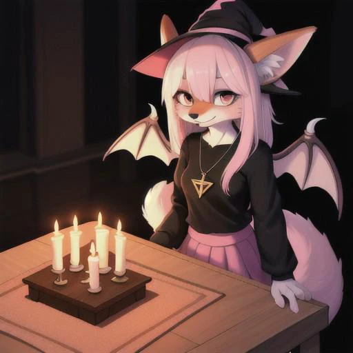 Digital a young cute furry female orange anthro Fox with white hair pink Highlights in hair dragon wings folded up wearing a pentagram necklace standing up Pentagram in the back near a Table with candles and crystals Black shirt, pink skirt witch outfit sitting in pentagram doing witchcraft