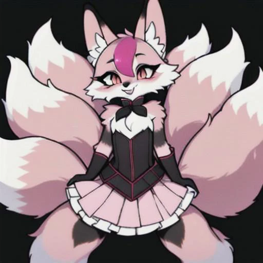 Light pink fur really fluffy sexy ite furry fox girl with 9 tails in a flared skirt