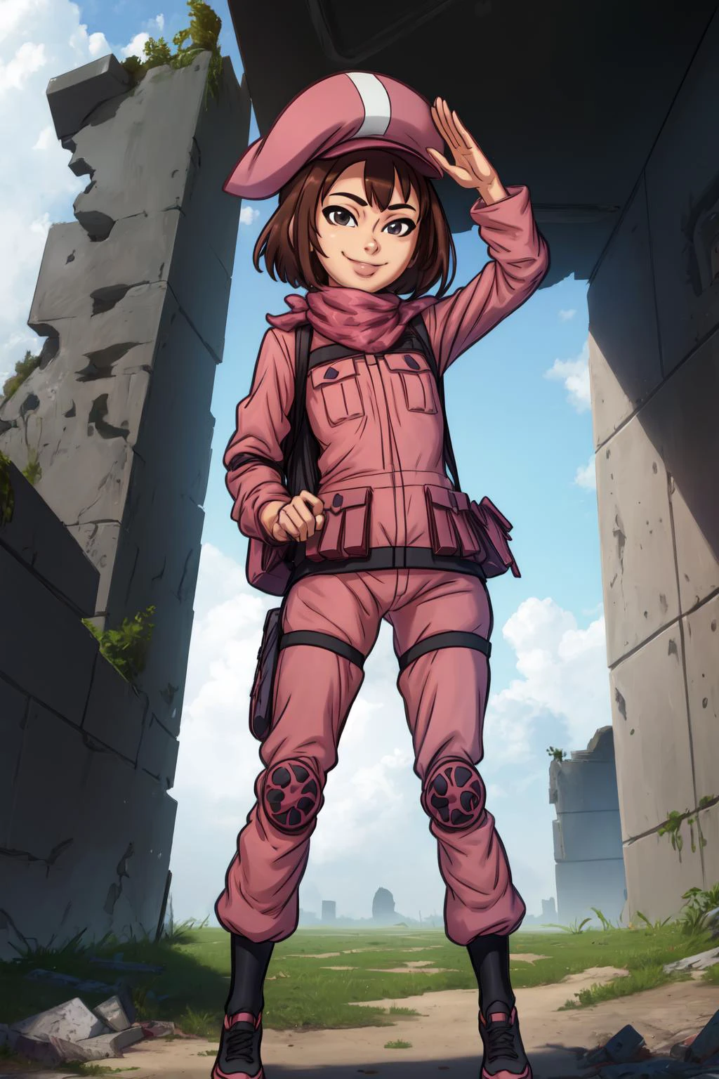 masterpiece, best quality,
<lora:DarkCookie-10VSSv8:0.8>,
solo, 1girl,
<lora:Llenn:0.8> Llenn, petite, pants, full body, smile, salute, ruins,