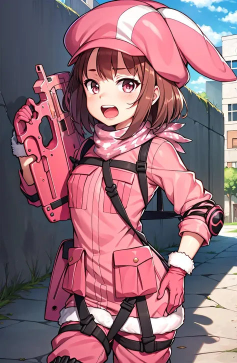 1girl,llenn,city,ruins,dirt,jacket,(pants:1.1),knee pads,camouflage,fur trim,gloves,straps,short hair,animal hat,aiming at viewer,open mouth, upper body, holding pink gun, p90, <lora:Char - Llenn:1>