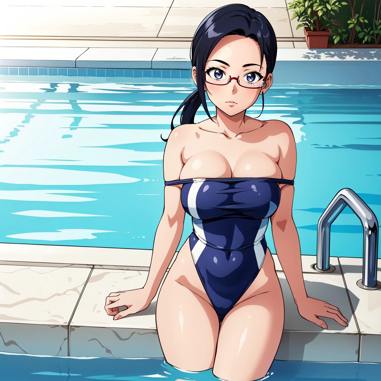 (masterpiece, best quality), intricate details,
1girl, <lora:sakie-nvwls-v1:0.8> satou sakie, glasses, large breasts
<lora:StrapSlipSwimsuitV1:0.8> one-piece swimsuit, (strap slip:1.2),
pool, water,