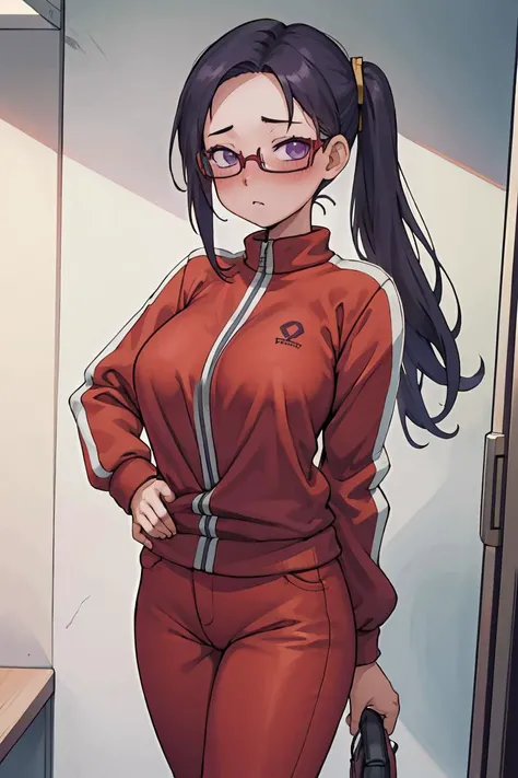 (masterpiece, best quality), 1girl,   <lora:sakie-nvwls-v1:1> satou sakie, glasses, track jacket, red pants, large breasts