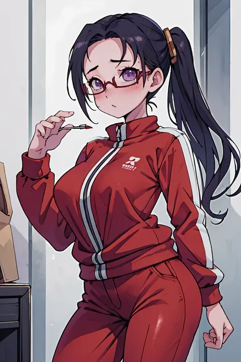 (masterpiece, best quality), 1girl,   <lora:sakie-nvwls-v1:1> satou sakie, glasses, track jacket, red pants, large breasts