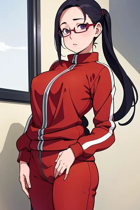 (masterpiece, best quality), 1girl, <lora:sakie-nvwls-v1:1> satou sakie, glasses, track jacket, red pants, large breasts