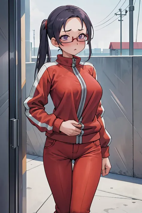 (masterpiece, best quality), 1girl,   <lora:sakie-nvwls-v1:1> satou sakie, glasses, track jacket, red pants, large breasts