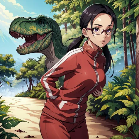 (masterpiece, best quality), intricate details,
1girl, <lora:sakie-nvwls-v1:0.8> satou sakie, glasses, track jacket, large breasts
outdoors, jungle,
dinosaur in background, <lora:Trex_Dinosaur_Dim32_Anime:0.8> Trex_Dinosaur, therapod, (dinosaur:1.2),