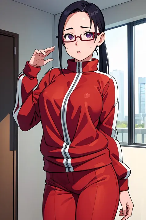 (masterpiece, best quality), 1girl,   <lora:sakie-nvwls-v1:1> satou sakie, glasses, track jacket, red pants, large breasts