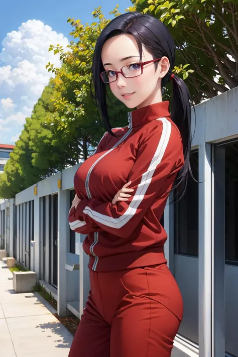 masterpiece, best quality, satou sakie, glasses, track jacket, red pants, looking at viewer, large breasts, upper body, portrait, looking at viewer, parted lips, smile, hand on own chest, from above