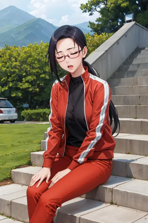 masterpiece, best quality, <lora:sakie-nvwls-v1-000009:0.9> satou sakie, glasses, open jacket, black t-shirt, red pants, large breasts, tired, sitting, closed eyes, sigh, outdoors, stairs, open mouth