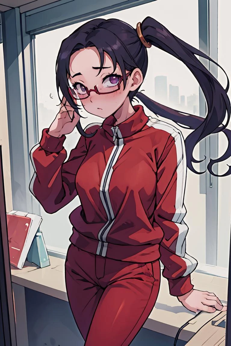 (masterpiece, best quality), 1girl, <lora:sakie-nvwls-v1:1> satou sakie, glasses, track jacket, red pants, large breasts