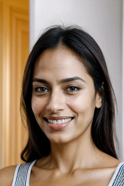 an extreme closeup shot from the front photo of izabel-otc, (face in focus:1.3), (subtle makeup:1.3), smiling, at home, rio, brazil, colorful room, face focus, looking at camera, well lit facial features, bokeh depth of field, warm light <lora:lit:0.3>