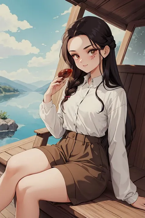 (masterpiece, best quality), female teenager, voluptuous, central asian, hazel eyes, unusual jaw, chiseled cheeks, receding forehead, unusual face shape, striking birthmarks, soft and ethereal makeup , dark brown dutch braid hair, affection wearing flowy culottes, tube top, pumps, , teasing look, gazing with a playful and teasing expression, igniting curiosity and attraction, low-key lighting, dramatic shadows and subtle highlights, adding mystery and sensuality, a peaceful lakeside retreat, with serene waters and people enjoying recreational activities