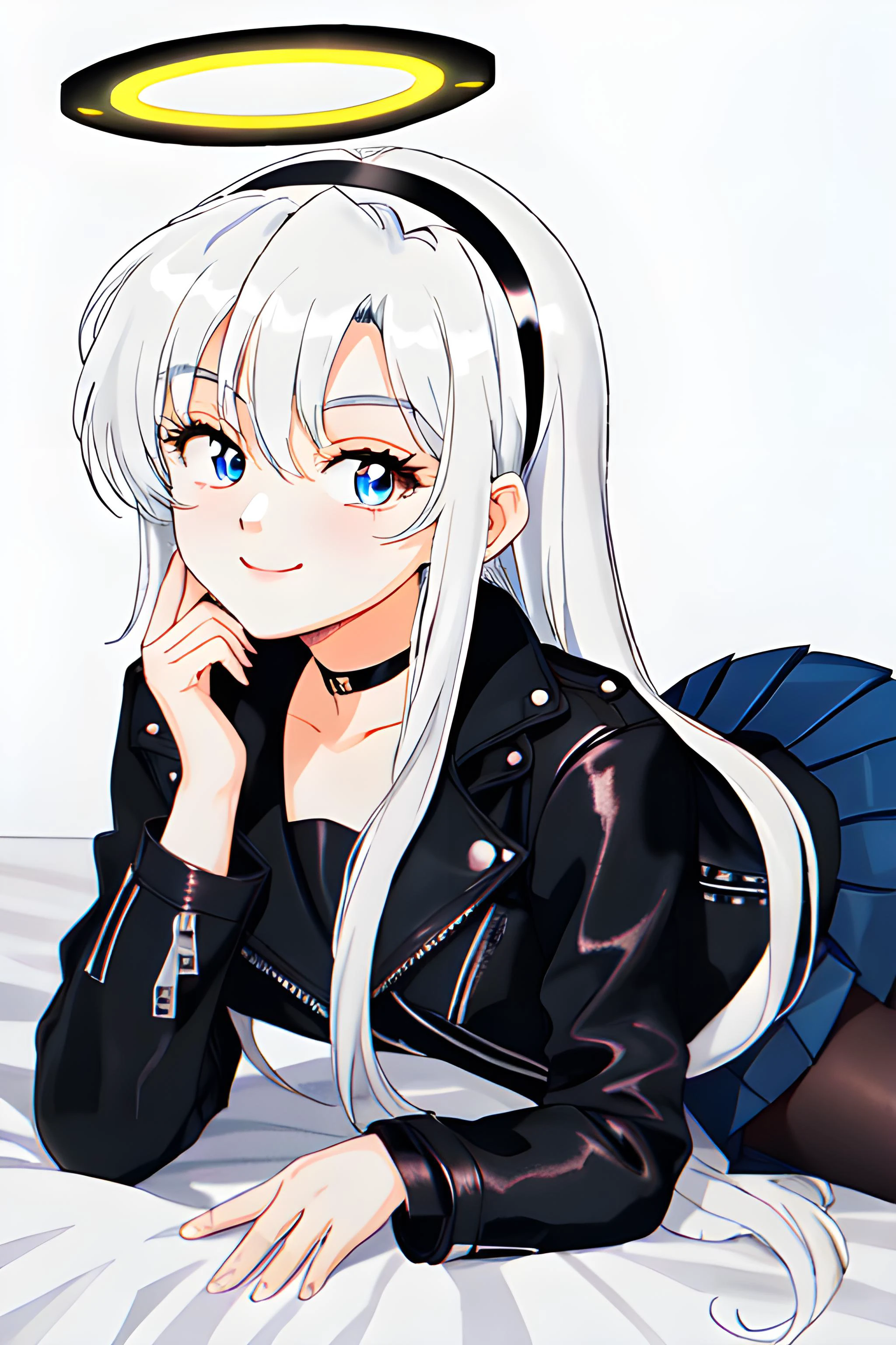 Elaine (25 year old German female, very long ponytail white hair, blue eyes), wearing (white serafuku, opened black leather jacket, black pleated skirt, black choker, black halo, black pantyhose, hairband), lying down, looking at viewer, hands on halo, eyebrows visible through hair, disarming smile, (MasterPiece) (Highly Detailed) (4k)