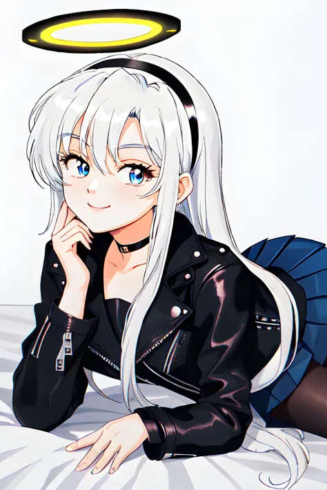 Elaine (25 year old German female, very long ponytail white hair, blue eyes), wearing (white serafuku, opened black leather jacket, black pleated skirt, black choker, black halo, black pantyhose, hairband), lying down, looking at viewer, hands on halo, eyebrows visible through hair, disarming smile, (MasterPiece) (Highly Detailed) (4k)