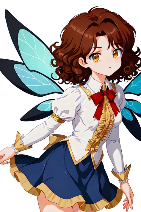 Tia (Tiny cute female fairy, 4 transparent blue wings, medium bust, brown hair curly, golden eyes) wearing a frilled skirt, (MasterPiece) (Highly Detailed) (4k)