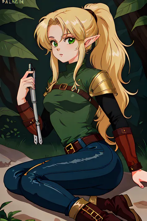 Taria Elmwood (female elven ranger, wild untamed grace, lean figure, Blonde hair smooth as golden silk tied in a neat ponytail) Wearing a well-worn tight green tunic and tight pants, a belt equipped with an assortment of small pouches and tools, scuffed leather boots., (MasterPiece) (Highly Detailed) (4k)