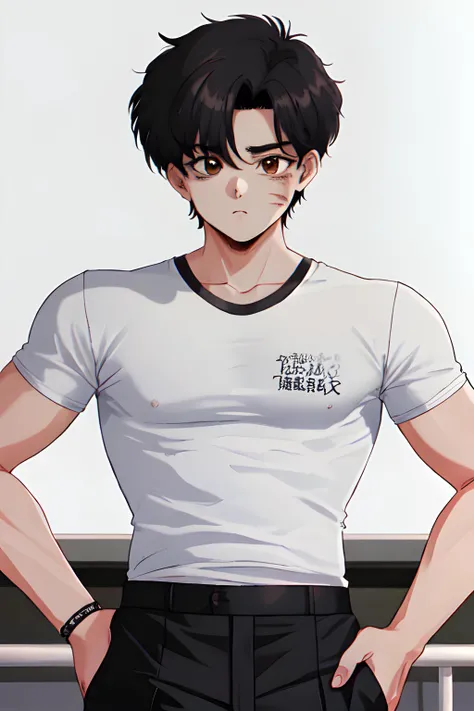 Frank Johnson (Slim young man, brown eyes, short black hair, tall, scarred face) white slacks, graphic t-shirt, (MasterPiece) (Highly Detailed) (4k)