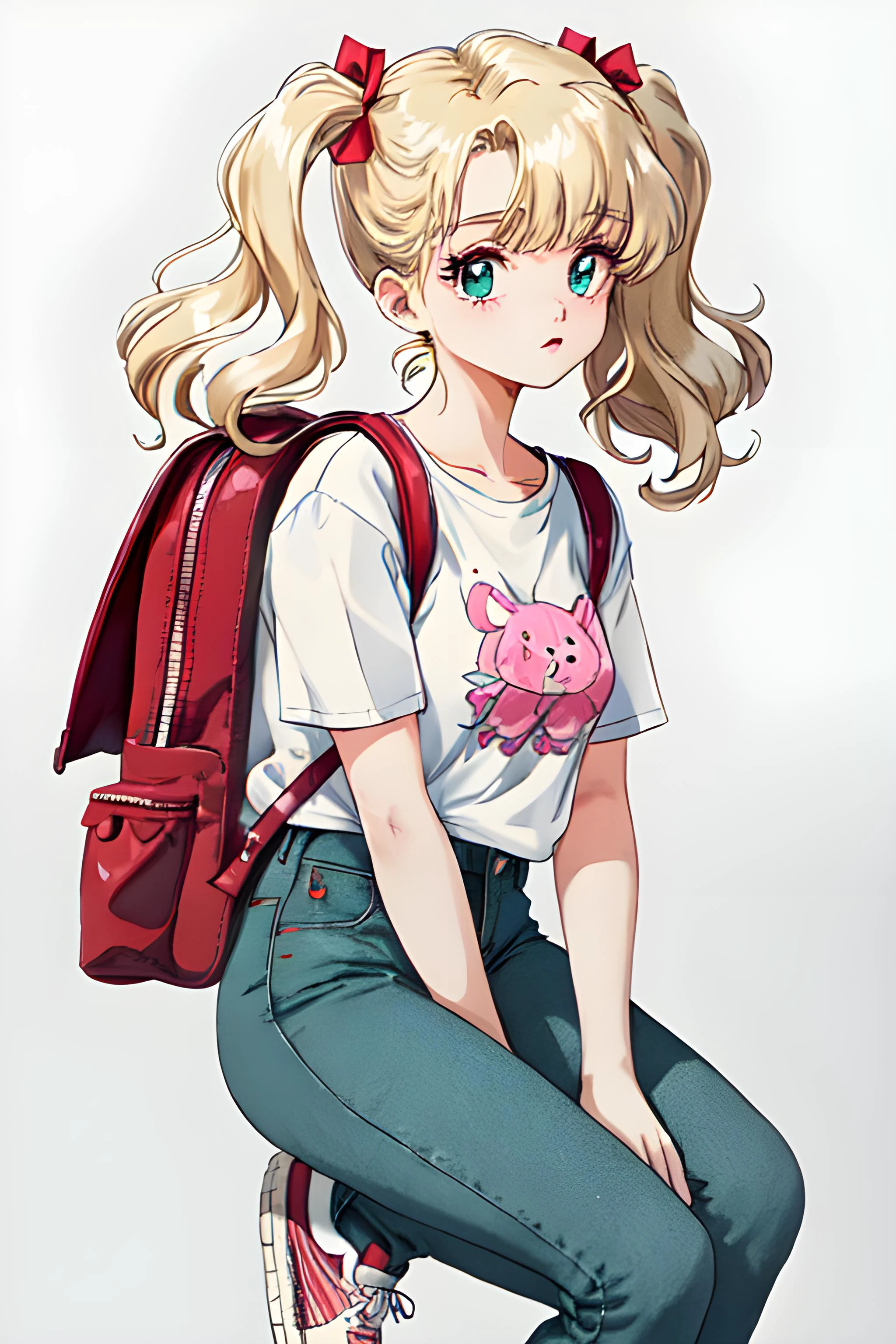 Penny IG (Female , Blonde hair in pigtails, turquoise eyes, petite, fair skin) wearing a red backpack, a red and white striped T-shirt, light-green jeans, red and pink sneakers., (MasterPiece) (Highly Detailed) (4k)