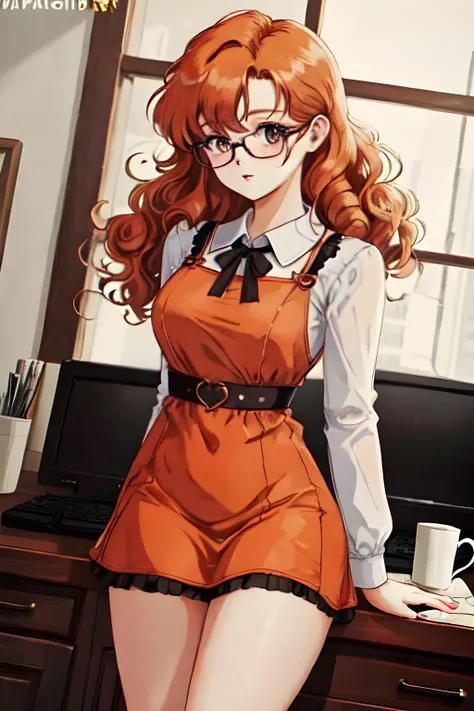 Abby Jones(cute, young, Lithuanian woman, petite, gold-hazel eyes, small bust, glasses, long curly burnt orange hair) short dress, cute blouse, (MasterPiece) (Highly Detailed) (4k)