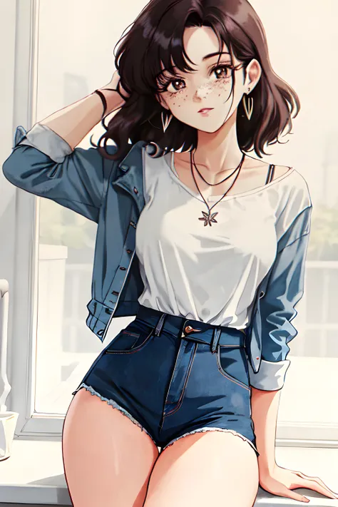 Milly Roberts(Height: 5'8", Weight 120 pounds, Dark brown hair, Brown eyes, Fair skin tone, Freckles a small scar on her left cheek) Wearing Casual and comfortable styled clothes, wearing a necklace and earrings., (MasterPiece) (Highly Detailed) (4k)