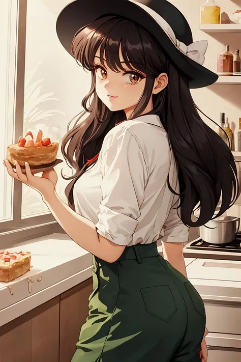 (masterpiece, best quality), female twenty-something, ripped, gypsies, dark brown eyes,    pointed jaw, unique cheeks,  oblong face shape,    , green wispy bangs hair, excitement wearing high-waisted culottes, garter slip,  floppy hat,, side profile pose, turning to the side with a seductive glance, emphasizing facial features and allure, backlighting, creates a halo effect around characters, giving them a radiant and romantic aura, a charming bakery, with mouth-watering pastries and the sound of friendly chatter