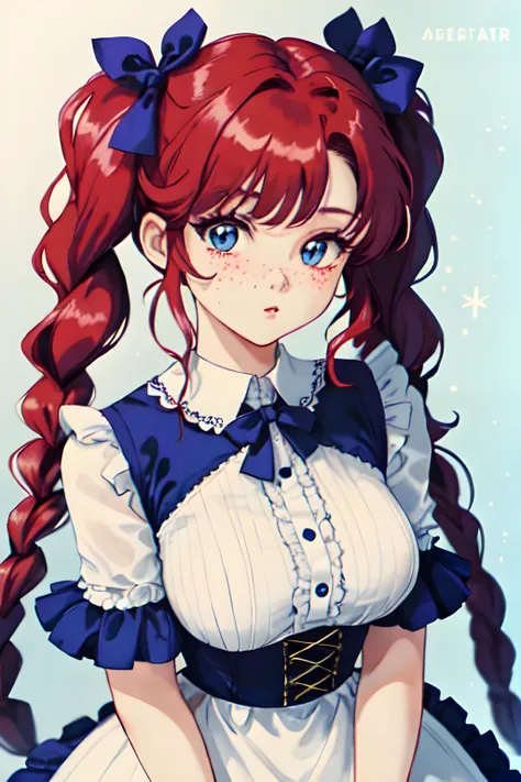 Wendy (cute woman, vertical light-blue and white stripes on a long dress, round face, blue eyes, pale skin, red freckles, long red hair, braided pigtails, blue hairbows, tall frilly collar), (MasterPiece) (Highly Detailed) (4k)