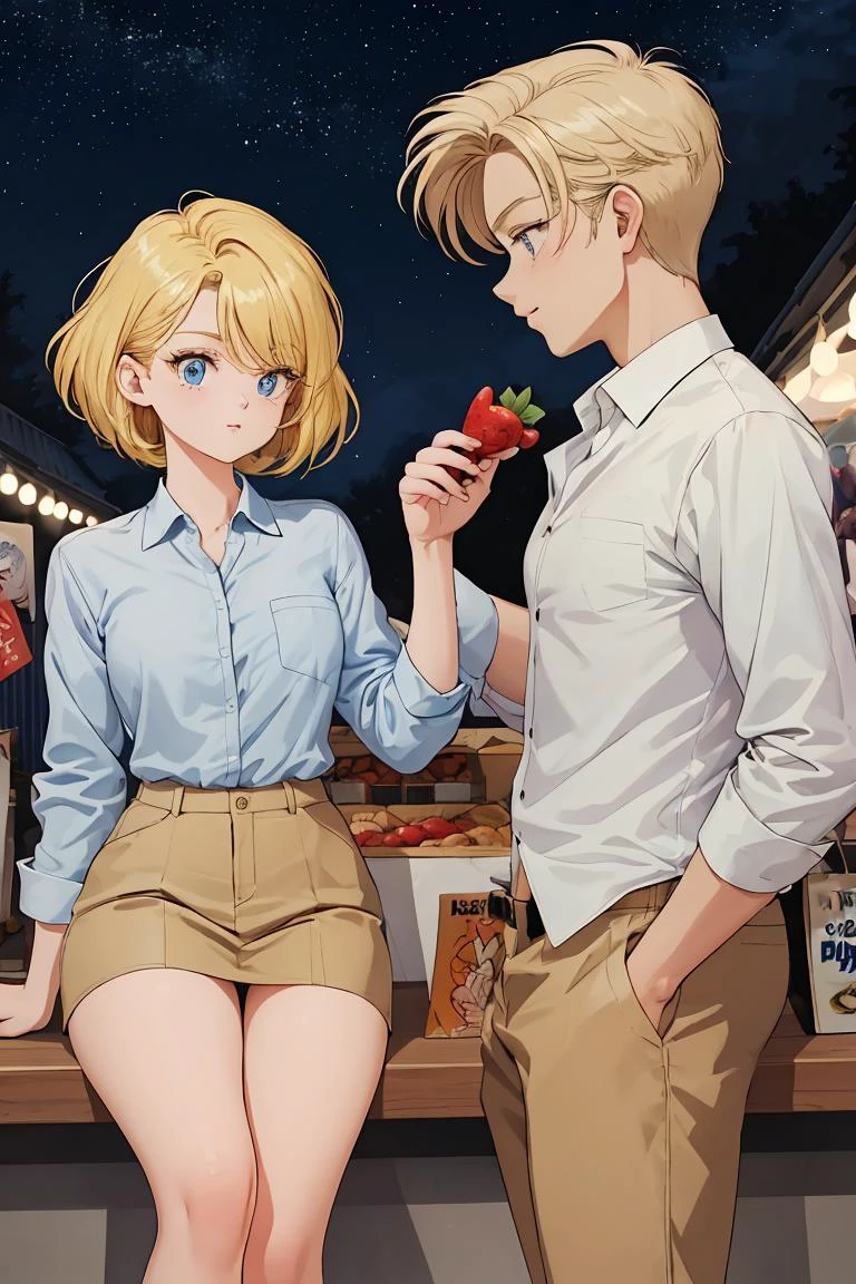 (masterpiece, best quality), female elderly, builky, polynesian, light blue eyes, unique body art, , golden blonde shag haircut hair, sarcasm wearing microfiber hipster, longline bra, oxford shoes, , partially unbuttoned shirt, wearing a partially unbuttoned shirt, revealing a hint of skin and adding a touch of seduction, starry sky, a dark background with twinkling stars, setting a magical and romantic tone, a vibrant farmer's market, bustling with people and colorful produce