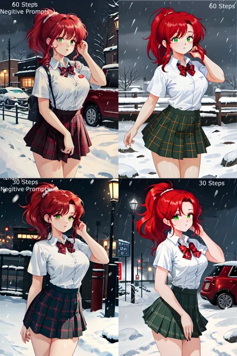 A beautiful woman(long flowing red hair in a long ponytail, green tinted eyes) wearing a school uniform(mini skirt, white button up short sleeves shirt, plaid color) outside in a strong snow storm, cold and freezing, (MasterPiece) (Highly Detailed) (4k)
