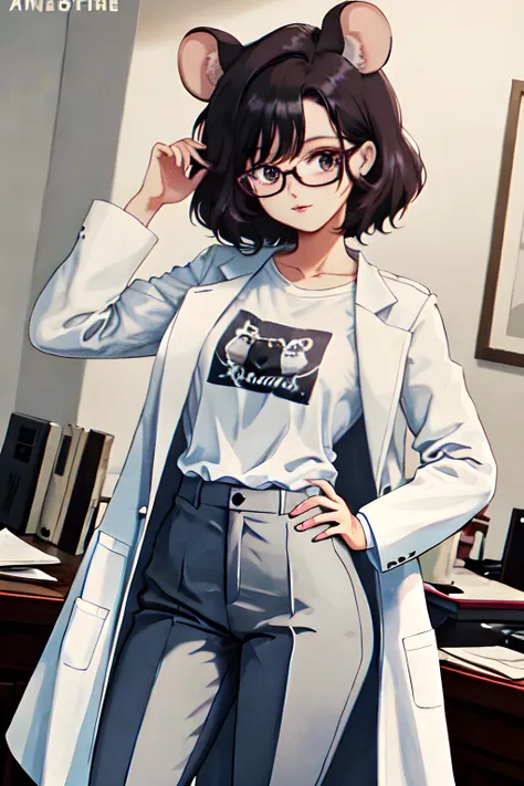 Edward (very short, gray furred anthro mouse female, slim, long tail) wearing a white labcoat, t-shirt, slacks, thick glasses, (MasterPiece) (Highly Detailed) (4k)