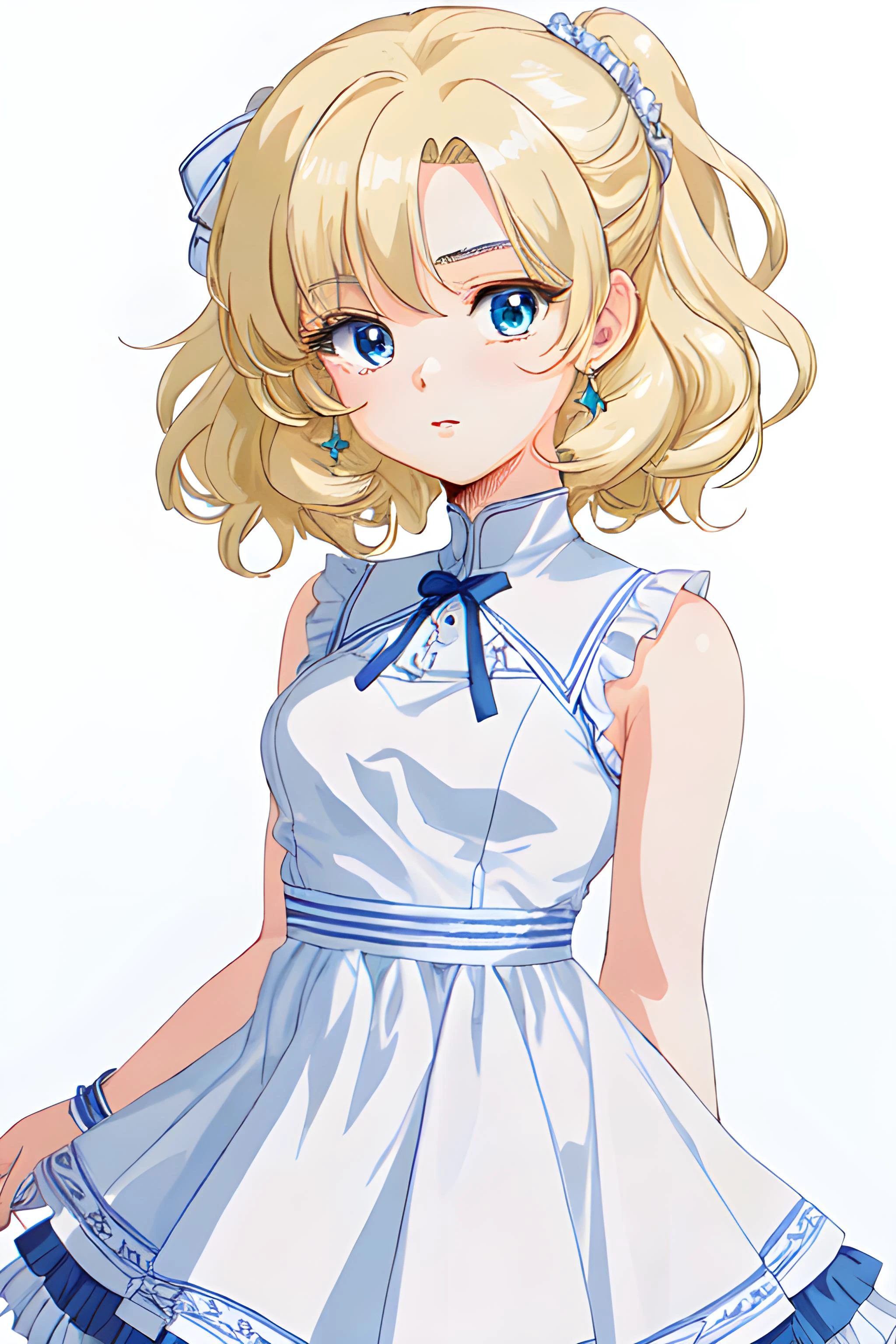 Elisa Swift (ite young woman, ice blue eyes, blonde hair, short, small breasts) blue and white frilly dress., (MasterPiece) (Highly Detailed) (4k)