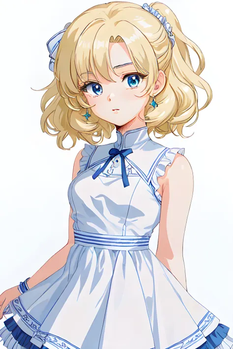 Elisa Swift (petite young woman, ice blue eyes, blonde hair, short, small breasts) blue and white frilly dress., (MasterPiece) (Highly Detailed) (4k)