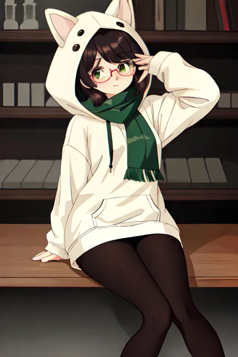 Anna (Tall petite Anthro rabbit, white furred, shy), dressed in an oversized green hoodie, black tights, brown scarf, oval black rimmed glasses., (MasterPiece) (Highly Detailed) (4k)
