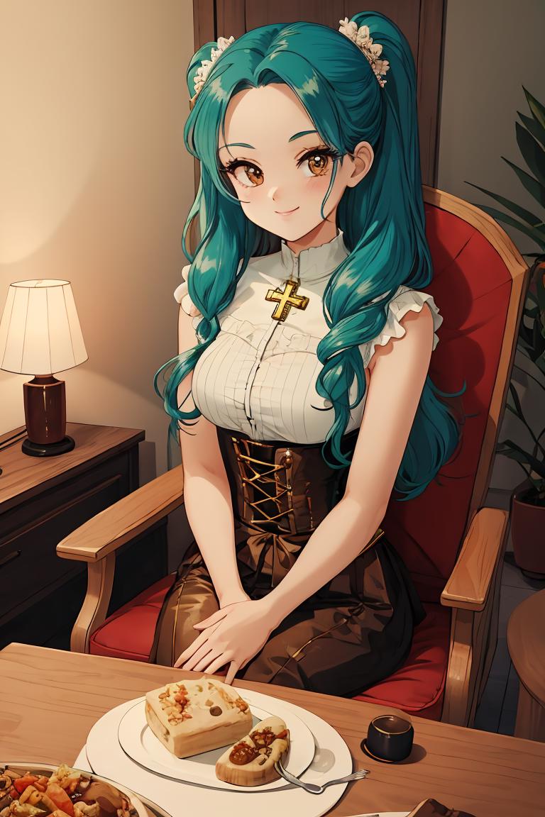 Anime girl with blue hair sitting at a table with a plate of food ...