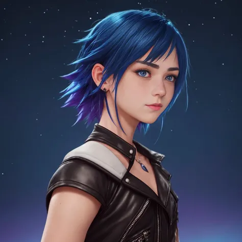 woman, freckles, cute dyed blue hair, purple eye color, thin blue Brows, small cheeks, Night Sky background, kingdom hearts inspired, facing forward, closeup, Portrait, slight smile, cute pose, alone, Inwe, Model hash: a60cfaa90d, happy, nature, video game character, keep original image face intact, wearing leather jacket