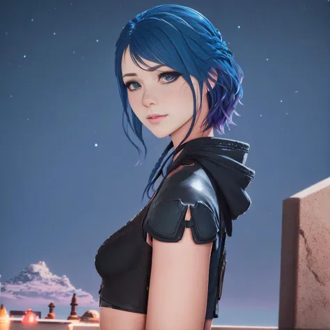 30 years old woman, freckles, cute dyed blue hair, purple eye color, thin blue Brows, small cheeks, Night Sky background, Horizon Zero Dawn inspired, facing forward, closeup, Portrait, slight smile, cute pose, alone, Inwe, Model hash: a60cfaa90d, happy, nature, video game character, keep original image face intact, wearing leather jacket <hypernet:LaethiliaNormalnew:1> wearing a hood, B cup breast, realistic eyes, shinny skin, model looking, realistic, unreal engine rendering, 8mm