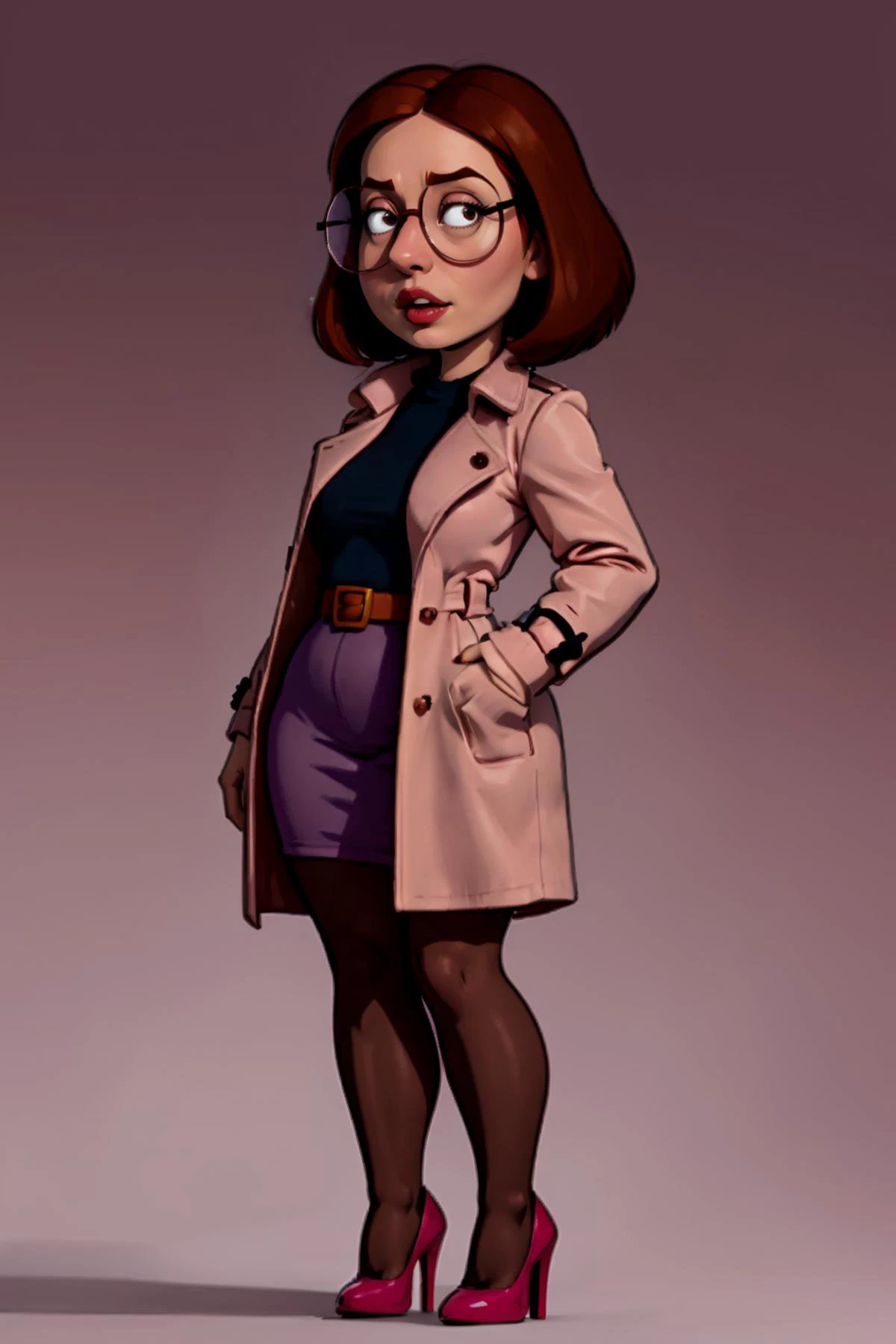 <lora:Meg:0.8> (Meg Griffin), 1girl, wearing only a long trenchcoat, stockings, glasses, half closed coat, brown hair, seductive, parody, cartoon, comic, shortstack, gradient background, high heels, low angle,