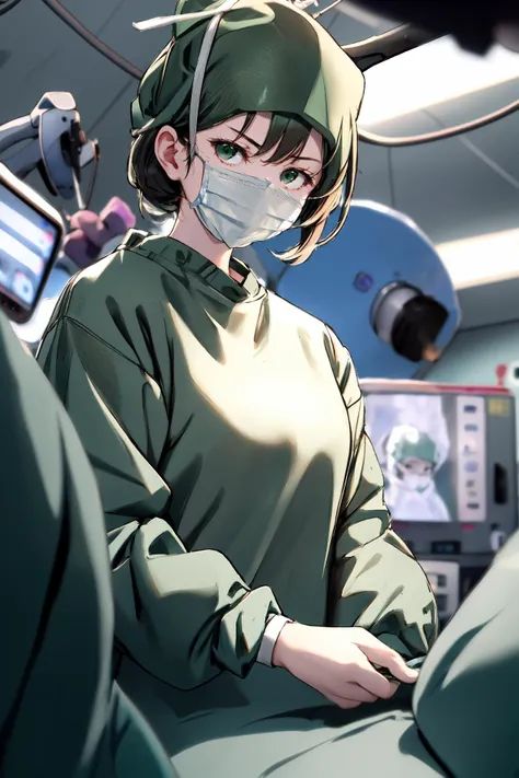 (RAW photo, best quality), 1girl, long sleeve green surgical outfit, mature, serious, 30s, (surgical mask),  surgical gloves, surgical cap,  operating room, overhead surgical light, blurred background, focused
 <lora:loveletter_sae_v1_2:1>, loveletter_sae,
 <lora:ConceptClothingSurgicalOutfit1_1:1>