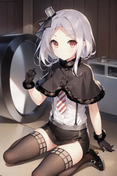 VV-n, 1girl, solo, thighhighs, , gloves, s, , , skirt, turret, looking at viewer, black gloves, capelet, black thighhighs, suspenders, shirt, , black skirt, striped necktie, fur trim, striped, white shirt, , black footwear, blush, black capelet, shoes, closed mouth, necktie, , , zettai ryouiki,, best quality, ultra high res, 1girl, looking at viewer, facing front