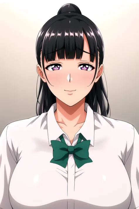 Simple White Background,
white collared shirt, green bowtie, Blue pleated skirt, 
<lora:Yui_Tachibana_NatsuOwaru-KK77-V1:0.7>,
purple eyes, black hair,blunt bangs,ponytail, 
<lora:Oda_Non_Style-KK77-V2:0.3>,<lora:more_details:0.1>,
1 girl, 20yo,Young female,Beautiful long legs,Beautiful body,
Beautiful Nose,Beautiful character design, perfect eyes, perfect face,expressive eyes,perfect balance,
looking at viewer,(Focus on her face),closed mouth, (innocent_big_eyes:1.0),(Light_Smile:0.3),
official art,extremely detailed CG unity 8k wallpaper, perfect lighting,Colorful, Bright_Front_face_Lighting,White skin,
(masterpiece:1.0),(best_quality:1.0), ultra high res,4K,ultra-detailed,
photography, 8K, HDR, highres, absurdres:1.2, Kodak portra 400, film grain, blurry background, bokeh:1.2, lens flare, (vibrant_color:1.2),professional photograph,
(Beautiful,Breasts:1.0), (beautiful_face:1.5),(narrow_waist),