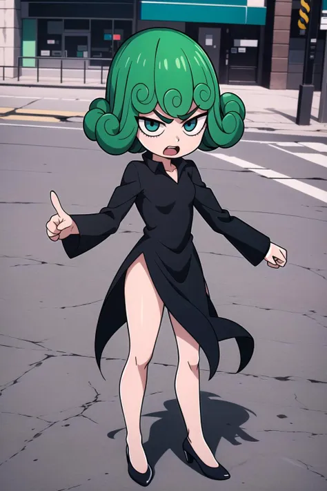 absurdres, highres, ultra detailed, <lora:TatsumakiiiV2.2:0.8>, chibimode, curly hair, looking at viewer, black dress, long sleeves, high heels, angry, open mouth, full body, pointing_at_viewer, outdoors, city