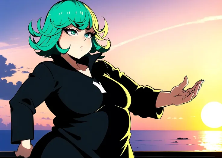 masterpiece, best quality, tatsumaki, fatrolls, fattening, soft, weight gain, obese, Beautiful Art Style, 1girl, young woman, dreamy, sunset, <lora:TatsumakiiiV2.2:1> <lora:fatrolls_MoreRolls:1>