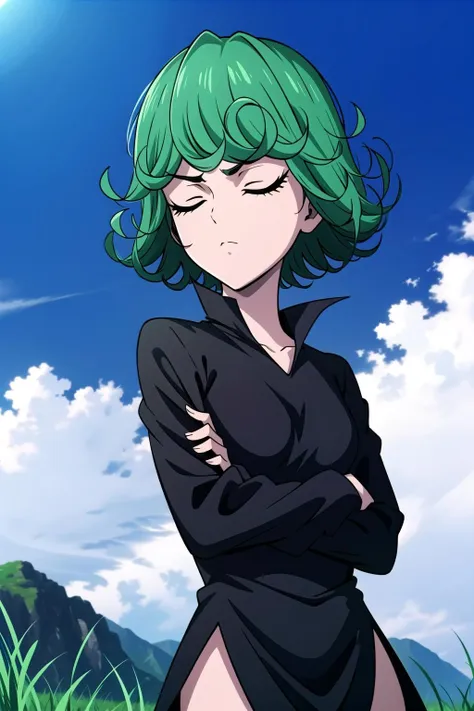 absurdres, highres, ultra detailed, <lora:TatsumLora_3-000017:1>, tatsumakitornado, short green hair, curly hair, black dress, long sleeves, outdoors, grass, crossed arms, from below, looking away, closed eyes