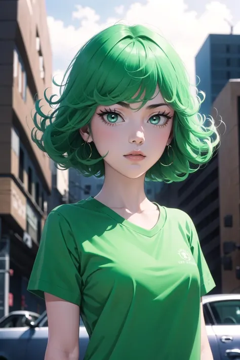 <lora:TatsumLora_3-000017:0.8>, tatsumakitornado, short green hair, curly hair, shirt, upper body, city, looking at viewer