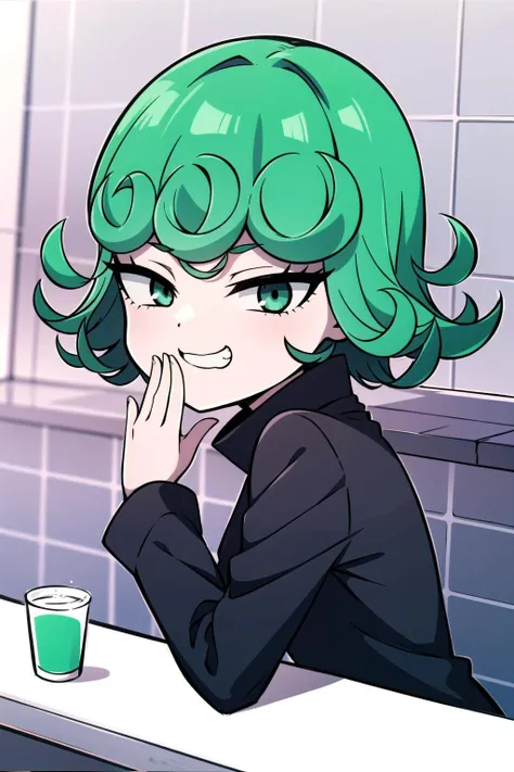 absurdres, highres, ultra detailed, <lora:TatsumLora_3-000017:0.8>, tatsumakitornado, solo, green hair, curly hair, black dress, long sleeves, looking at viewer, grin, :3, teeth, upper body, hand to own mouth, looking at viewer, bathroom, tiles, <lora:Msgk_face:1>