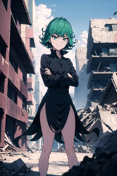 absurdres, highres, ultra detailed, tatsumakitornado, short green hair, curly hair, black dress, long sleeves, outdoors, city, rubble, destruction, fire, standing, legs apart, crossed arms, cowboy shot, from below, looking at viewer, smirk, smug