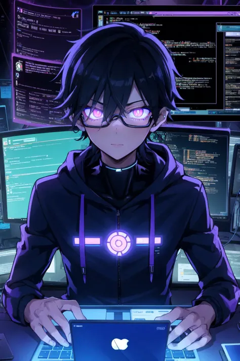 solo, 1boy, male focus, short hair, glasses, (laptop:1.2), hoodie up, dark room, multiple monitors, hacking code visible on screens, neon lights, upper body, looking at viewer, determined expression, detailed face, detailed eyes, high-tech environment, night time, glowing keyboard, wires and cables, masterpiece, ultra detailed, high quality, futuristic, cool demeanor, mysterious aura, <lora:ygodsod768-2:0.7>